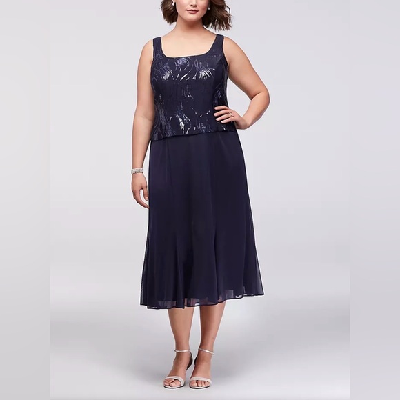 Alex Evenings Dresses & Skirts - Alex Evenings Sequined Chiffon Midi A-Line Cocktail Dress Navy Blue Size 24W